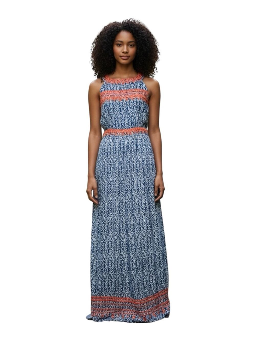 THML Maxi Dress Size S Navy Ikat Bohemian Print Orange Embroidery Cutout Back